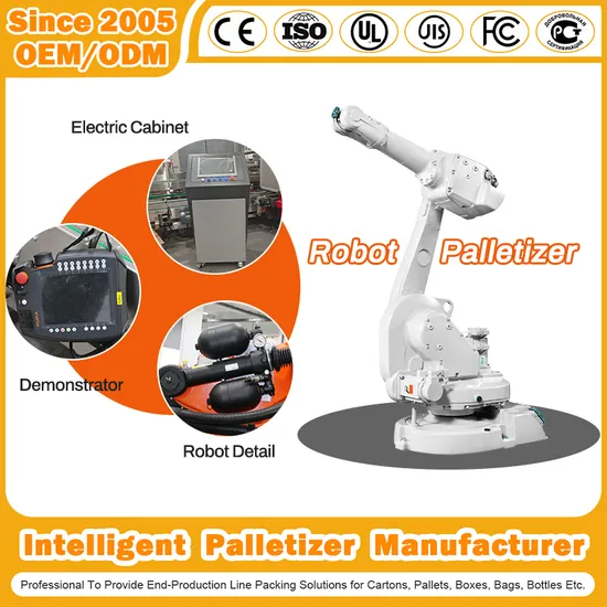 Fully Automatic Industrial Low/High Level Robot Palletizer with Pallet Dispenser and Online Pallet Wrapping Machine Packing System for Boxes/Cartons/Case/Bottle 